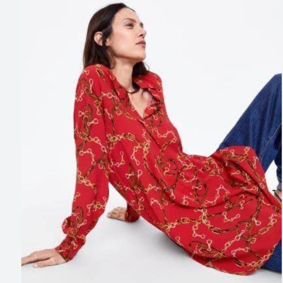 Zara Red Chain print shirt Dress - Picture 12 of 12